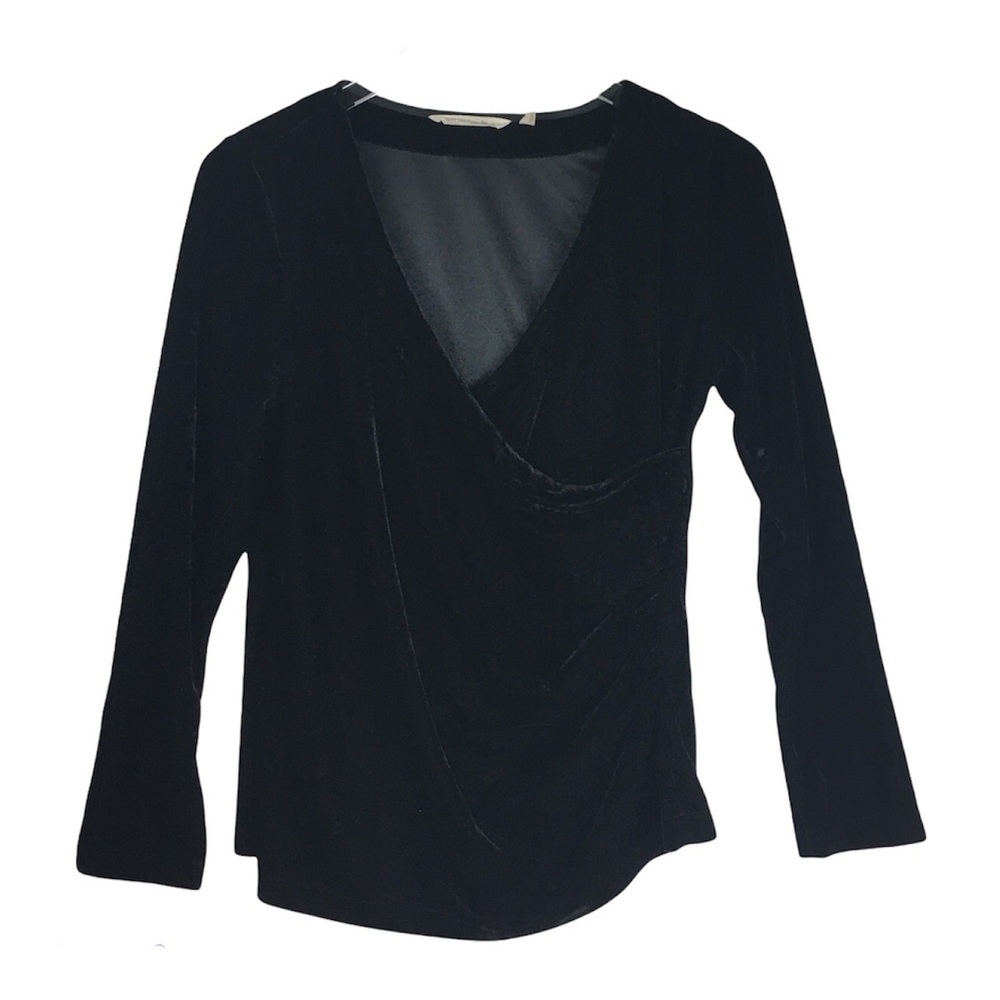 Soft Surroundings Faux Wrap Black Stretch Velvet Long Sleeve Top Size Small